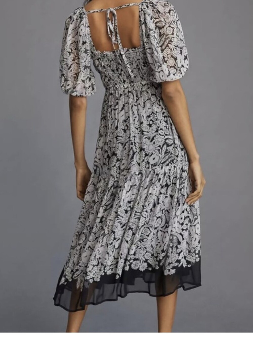 Anthropologie Black & White Square Neck Smocked Midi Dress S - Picture 4 of 16
